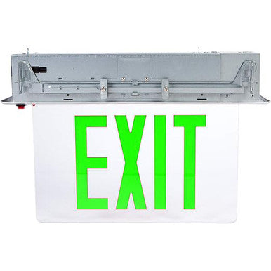 LED Edge Lit Exit Sign Recessed Mount - White Canopy with Clear Panel and Green Lettering