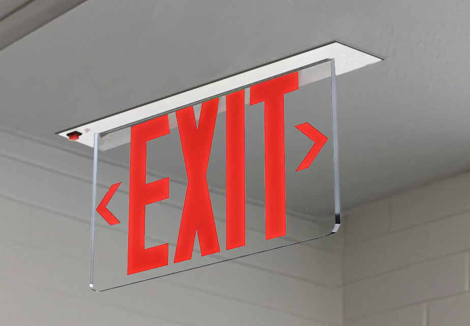 LED Edge Lit Exit Sign Recessed Mount - White Canopy with Clear Panel and Red Lettering
