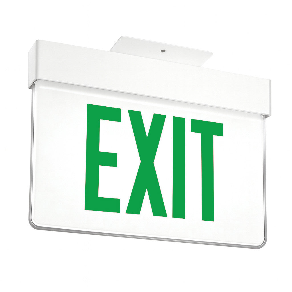 Lithonia  Aluminum Edge-Lit Exit Sign, White, Single face, Green on clear, Dual voltage, No Battery, Top mount to Jbox Only - Rough-In Housing Not Included