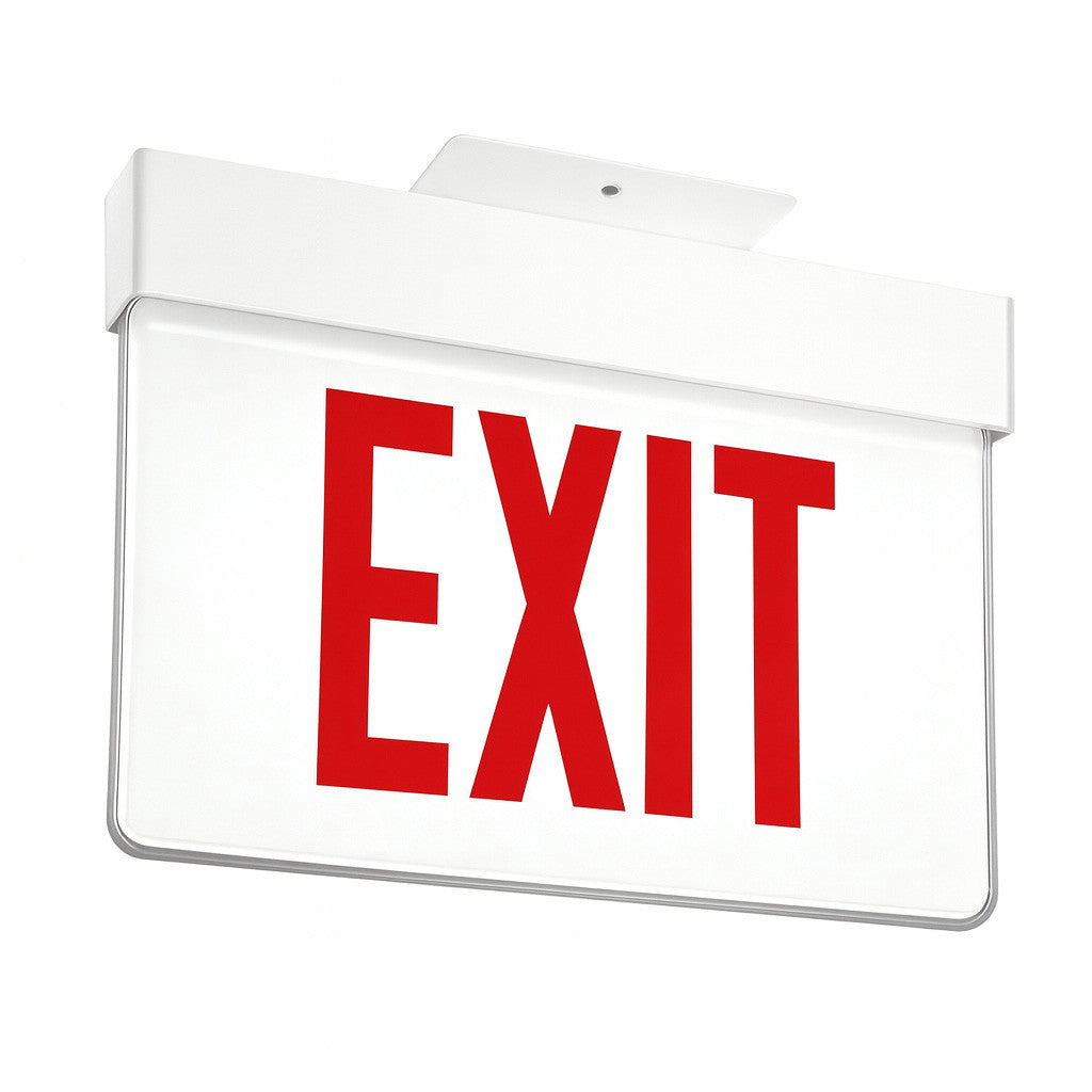 Lithonia  Aluminum Edge-Lit Exit Sign, White, Single face, Red on white, Dual voltage, No Battery, Top mount to Jbox Only - Rough-In Housing Not Included