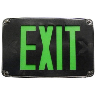 Black LED exit sign with battery backup, green letters, shown on clean white studio backdrop