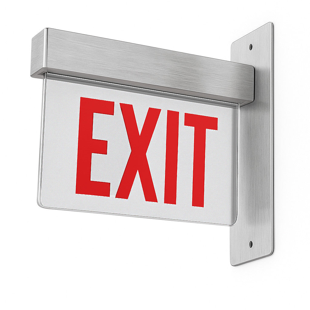 Lithonia Aluminum Edge-Lit Exit Sign, Double face, Red with mirror separator, Double face, Dual voltage, End mount, AC Only - NO Emergency Battery
