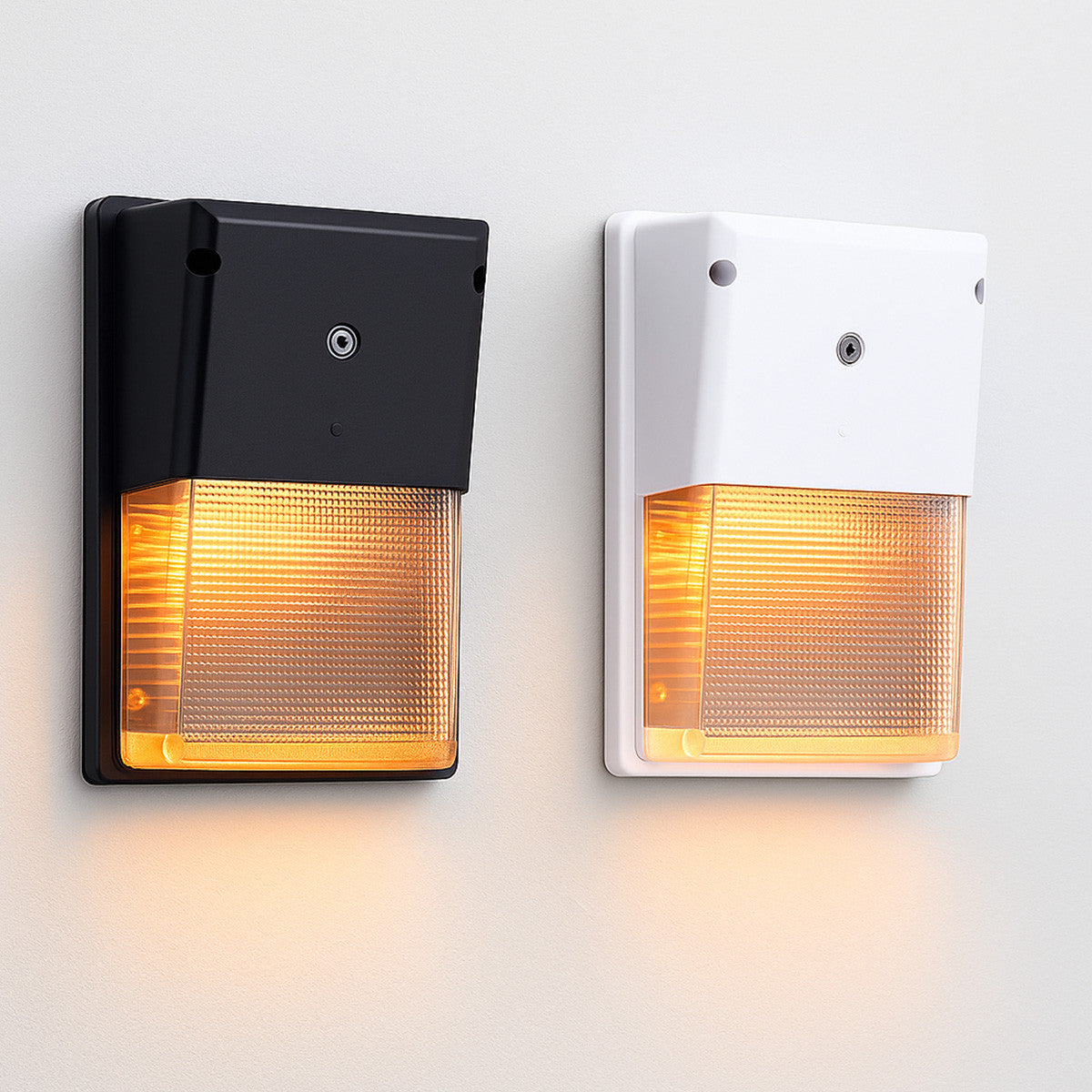 Amber LED mini wall pack, turtle friendly, black and white finish, wildlife-safe, clean white backdrop