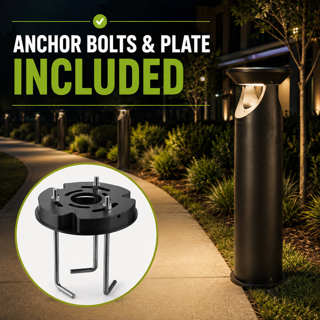 LED Solar Bollard Lights with Remote - Height 20IN - 3 Watt - 390 Lumens - 4000K Cool White - Anchor Bolts & Plate Included - Bronze Finish