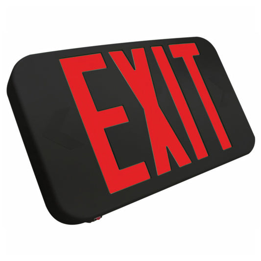Black LED exit sign, red letters, angled studio view