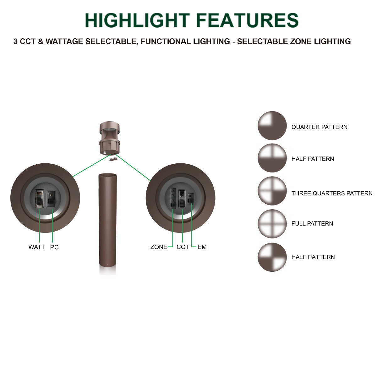 LED Bollard Lights - For Commercial Driveways and Parking Lots - Lens Free Split Cone Head - 24/19/14W - 3000 Max Lumens - Color Selectable 30K, 40K, 50K - Bronze Finish