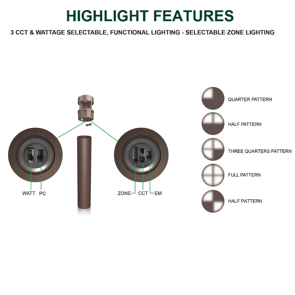 LED Bollard Lights - For Commercial Driveways and Parking Lots - Lens Free Split Cone Head - 24/19/14W - 3000 Max Lumens - Color Selectable 30K, 40K, 50K - Bronze Finish