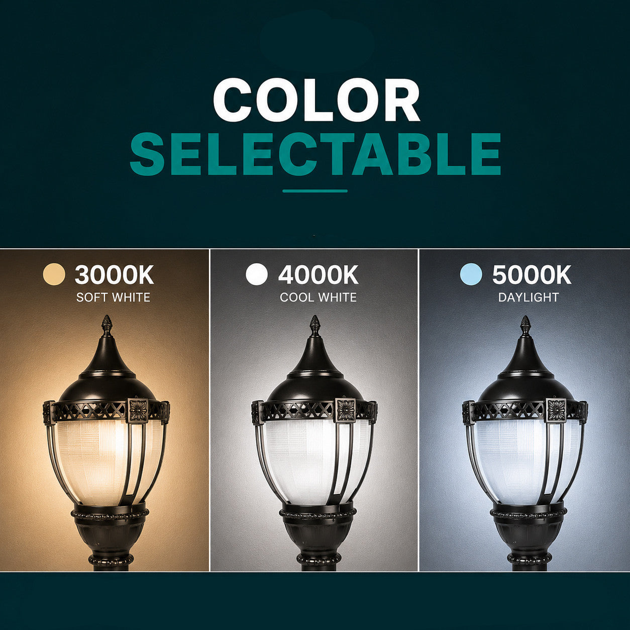 LED Designer Post Light - Small - Selectable 100/80/60 Watt - 11000 Max Lumens - Color Selectable 30K/40K/50K - 120-277V - Black - Fits Up to 3 Inch Pole Top