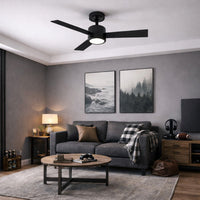52 Inch Black Finish Plywood 3-Blade Ceiling Fan & Light - 120V - 19W - 3000K Soft White - Wall Switch Operated