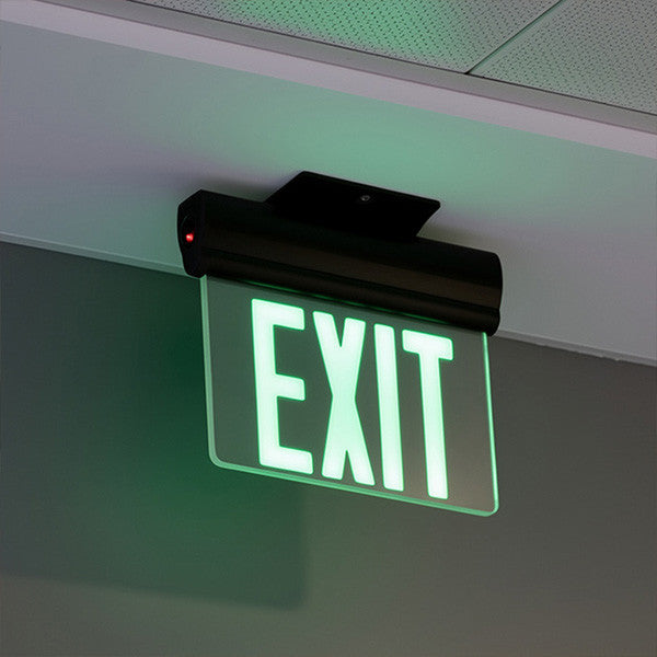 Plastic Edge Lit LED Exit Sign Surface Mount - Black Housing with Mirror Panel - Red/Green Selectable Lettering