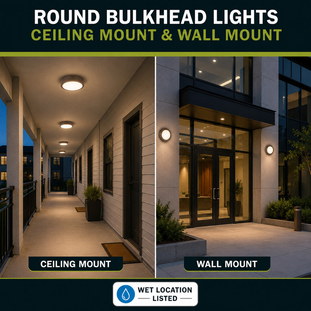 LED Round Bulk Head Light - Wall or Ceiling Mount – Wet Location - Watt Selectable 60W/48W/36W - Color Selectable 30K/40K/50K - 120/277V - Bronze Finish - Integrated Photocell Included
