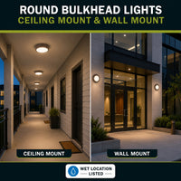 LED Round Bulk Head Light - Wall or Ceiling Mount – Wet Location - Watt Selectable 60W/48W/36W - Color Selectable 30K/40K/50K - 120/277V - Bronze Finish - Integrated Photocell Included