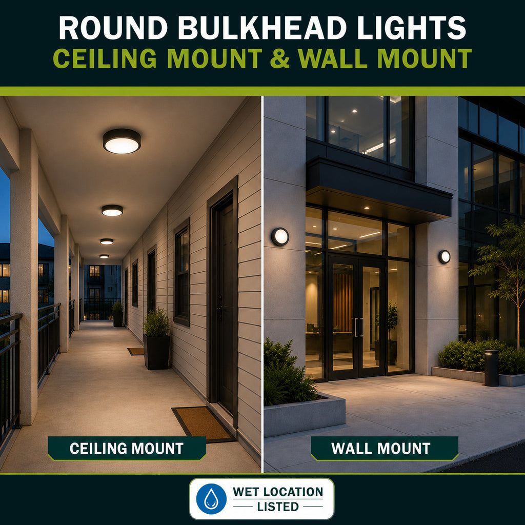 LED Round Bulk Head Light - Wall or Ceiling Mount – Wet Location - Watt Selectable 60W/48W/36W - Color Selectable 30K/40K/50K - 120/277V - Black Finish - Integrated Photocell Included