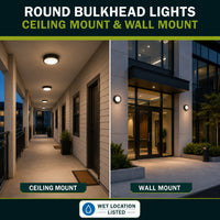 LED Round Bulk Head Light - Wall or Ceiling Mount – Wet Location - Watt Selectable 60W/48W/36W - Color Selectable 30K/40K/50K - 120/277V - Black Finish - Integrated Photocell Included