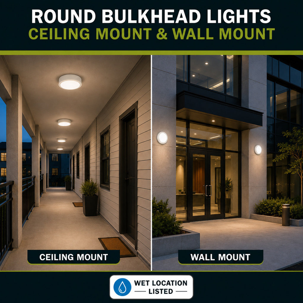 LED Round Bulk Head Light - Wall or Ceiling Mount – Wet Location - Watt Selectable 60W/48W/36W - Color Selectable 30K/40K/50K - 120/277V - White Finish - Integrated Photocell Included