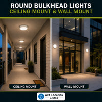 LED Round Bulk Head Light - Wall or Ceiling Mount – Wet Location - Watt Selectable 60W/48W/36W - Color Selectable 30K/40K/50K - 120/277V - White Finish - Integrated Photocell Included