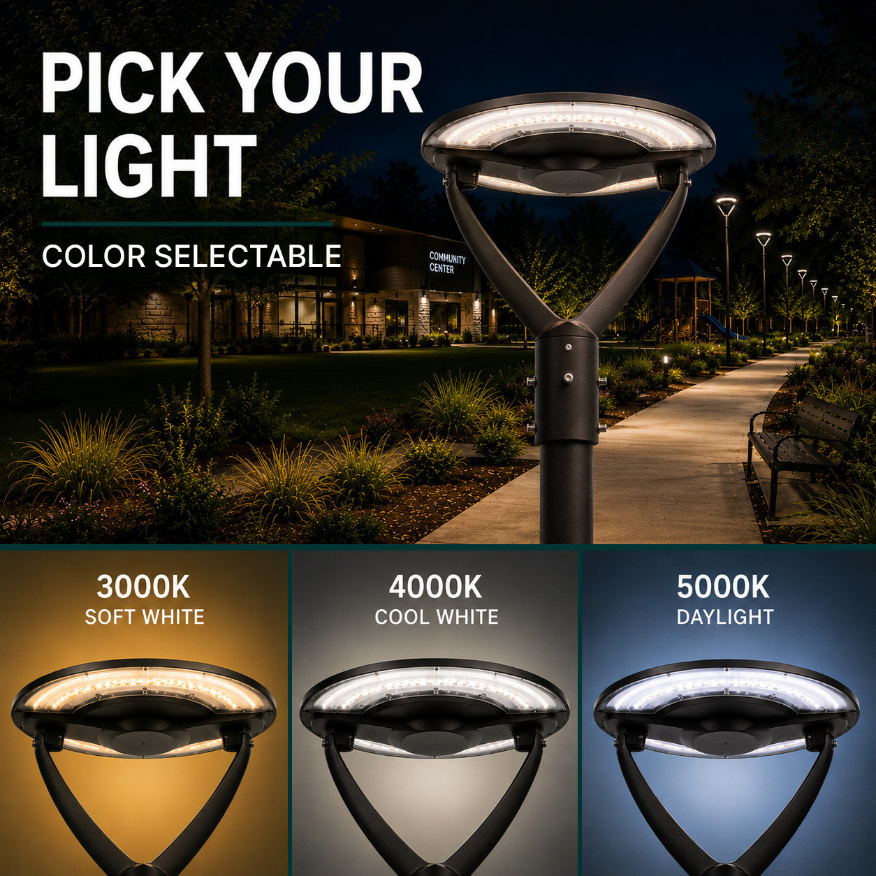 LED Adjustable Swivel Post Light - 100/80/60 Watt - Up 12000 Lumens - Color Selectable 30K/40K/50K - 120-277V - Dark Bronze - Fits Up to 2.5 Inch Pole Top