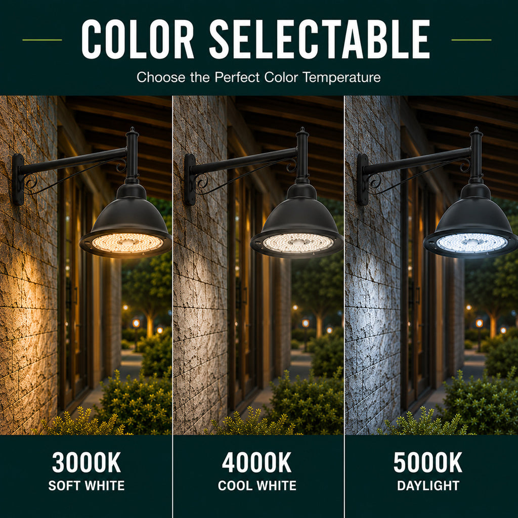 LED Designer Bell Post Light - 16 Inch Diameter - Watt Selectable 100/80/50W - 110-277V - Color Temperature Selectable 30/40/50K - Dimmable - Black Finish - With Decorative Straight Arm Pole Bracket - Photocell Included