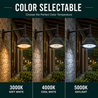LED Designer Bell Post Light - 16 Inch Diameter - Watt Selectable 100/80/50W - 110-277V - Color Temperature Selectable 30/40/50K - Dimmable - Black Finish - With Decorative Straight Arm Pole Bracket - Photocell Included