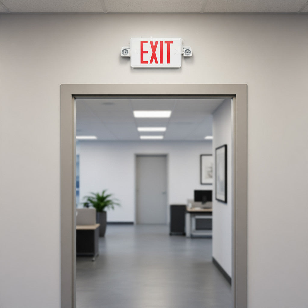Reduced Profile Combo LED Exit Sign And Emergency Light - White Housing Color, with Red Lettering - With 90 Minute Battery Back-Up