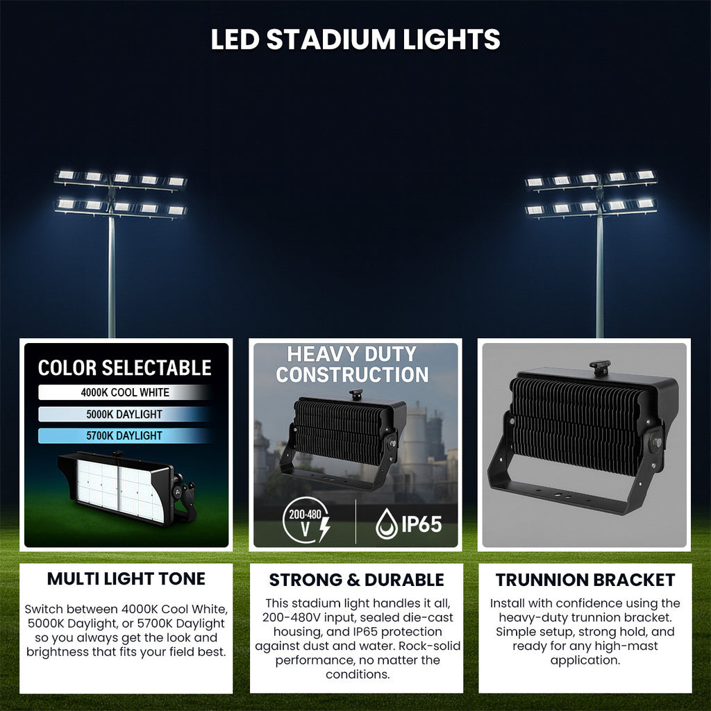 High Output LED Stadium Light - 850W - 200-480 Volts - Color Selectable 40K/50K/57K -125000 Lumen - Yoke Mount - Black Finish
