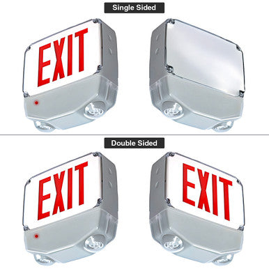 Wet Location Combo LED Exit Sign And Emergency Light - Choose White or Black Housing Color, with Red or Green Lettering - With 90 Minute Battery Back-Up