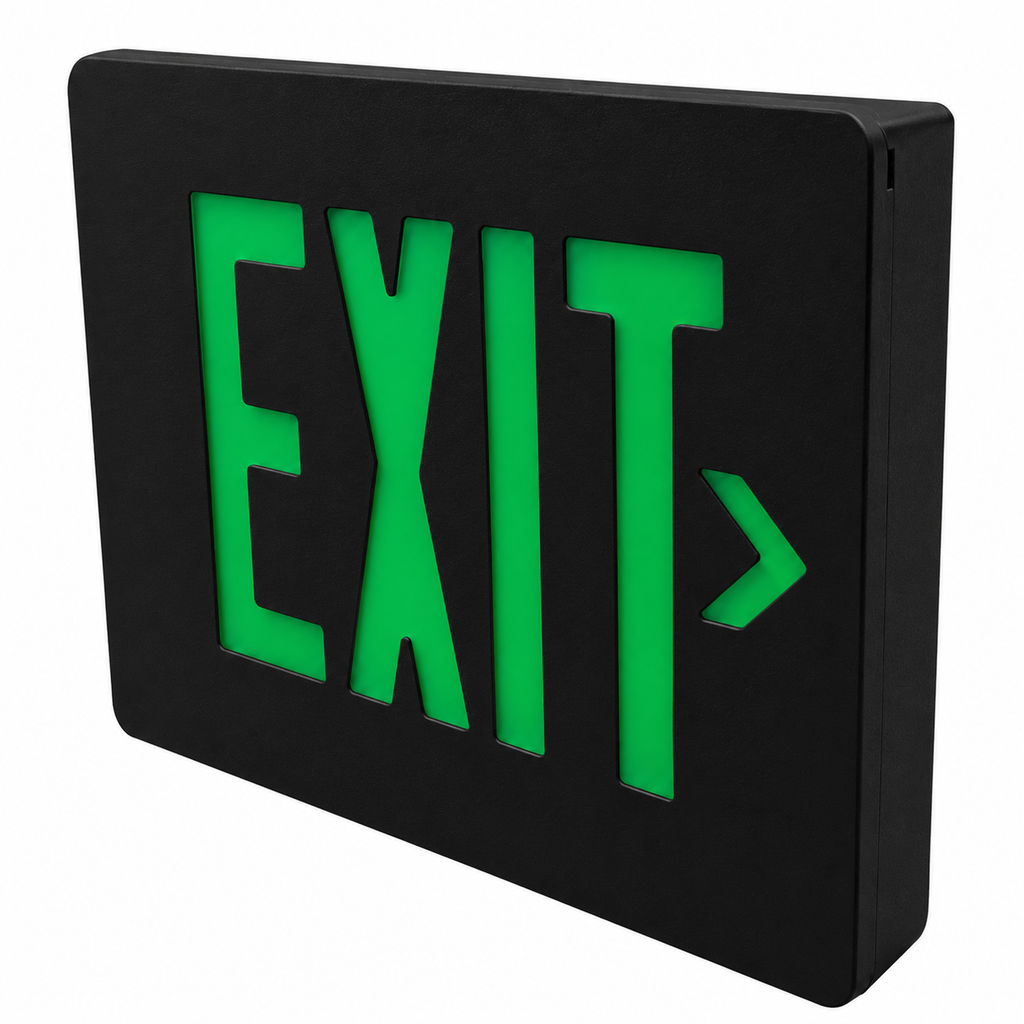 LED Exit and Emergency, Green, Single Face, Universal Mount, 120V, 220-240V, 3.5W, Black Housing