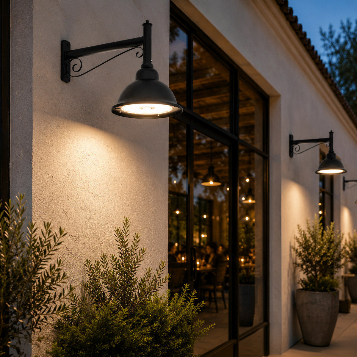LED Designer Bell Post Light - 16 Inch Diameter - Watt Selectable 100/80/50W - 110-277V - Color Temperature Selectable 30/40/50K - Dimmable - Black Finish - With Decorative Straight Arm Pole Bracket - Photocell Included