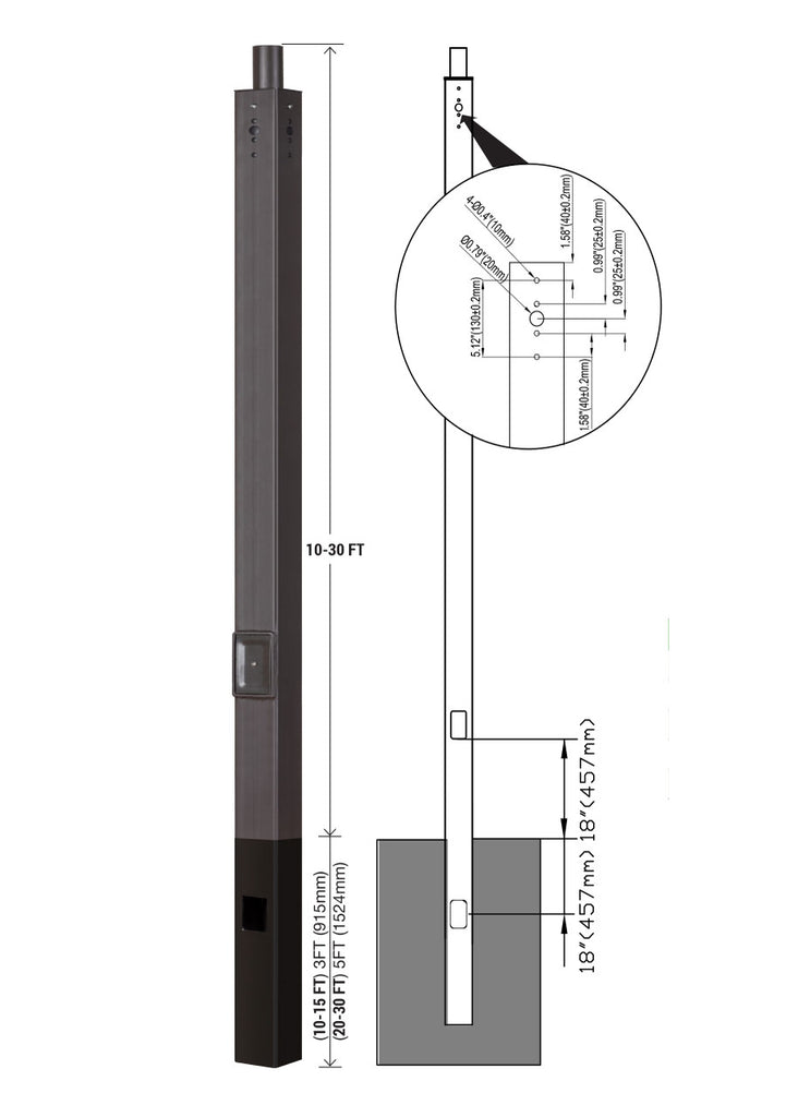 15 Foot Square Pole For Direct Burial - Steel With Bronze Finish - 4 Inch Diameter With 2.5 Inch Tenon Adapter