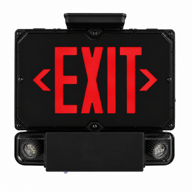 Industrial LED Exit and Emergency, Red, Single Face, 2 Lamp Heads, Wall, Ceiling, End Mount, 120/277V 12W, Black Housing, Remote Capability, Lithium Iron Phosphate (LiFePO) Battery