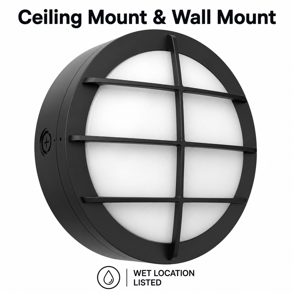 LED Round Bulk Head Light With Grid Trim - Wall or Ceiling Mount – Wet Location - Watt Selectable 60W/48W/36W - Color Selectable 30K/40K/50K - 120/277V - Black Finish - Integrated Photocell Included