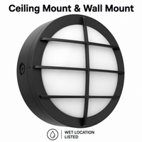LED Round Bulk Head Light With Grid Trim - Wall or Ceiling Mount – Wet Location - Watt Selectable 60W/48W/36W - Color Selectable 30K/40K/50K - 120/277V - Black Finish - Integrated Photocell Included