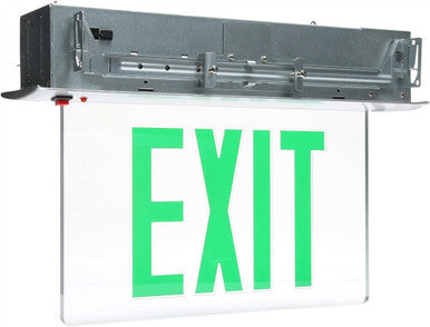 LED Edge Lit Exit Sign Recessed Mount - Aluminum Trim Plate with Clear Panel and Green Lettering