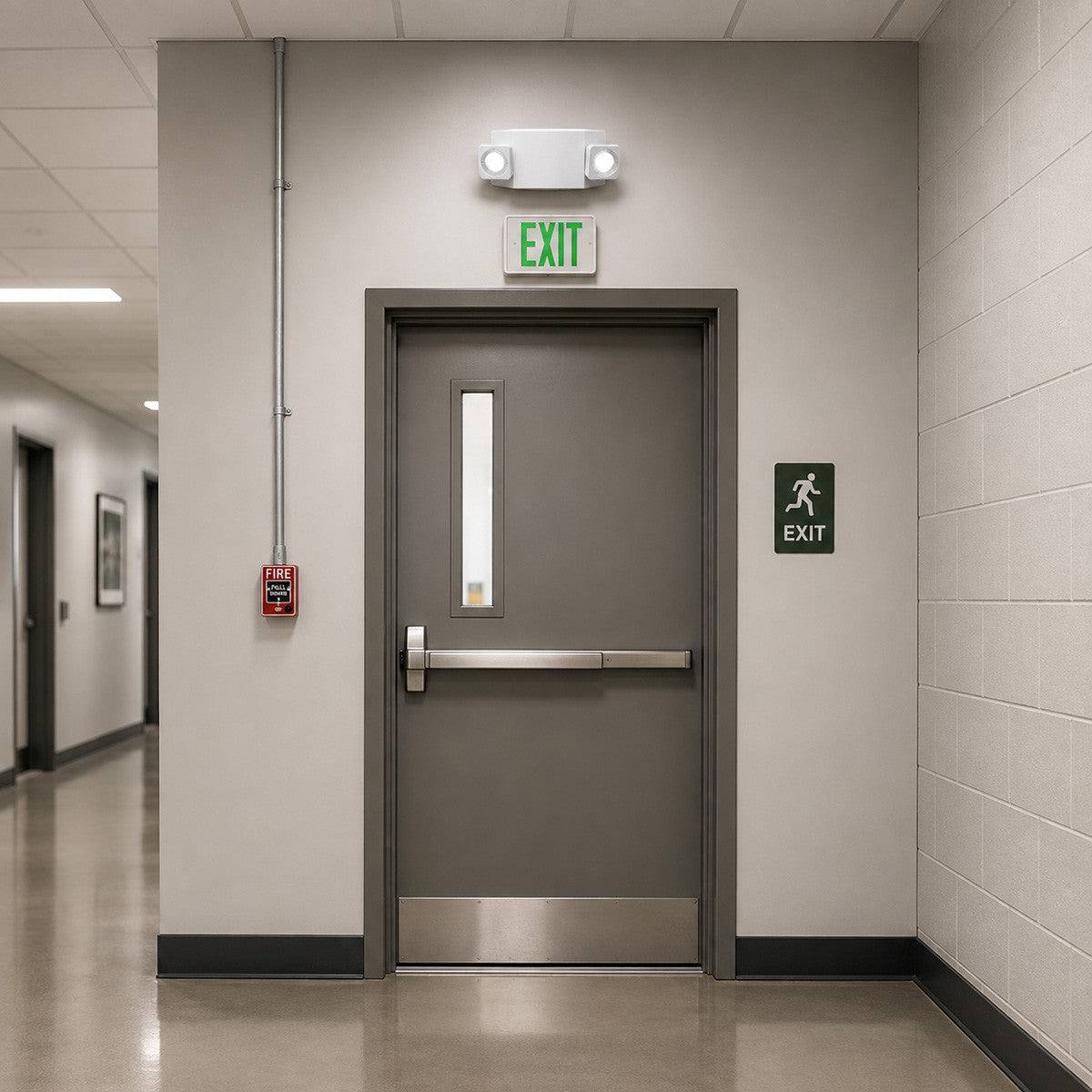 White LED emergency light installed above an exit door in a commercial building corridor