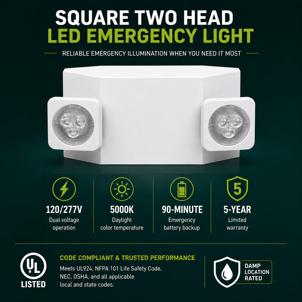 LED emergency light, 120-277V, 5000K, UL Listed, damp location rated