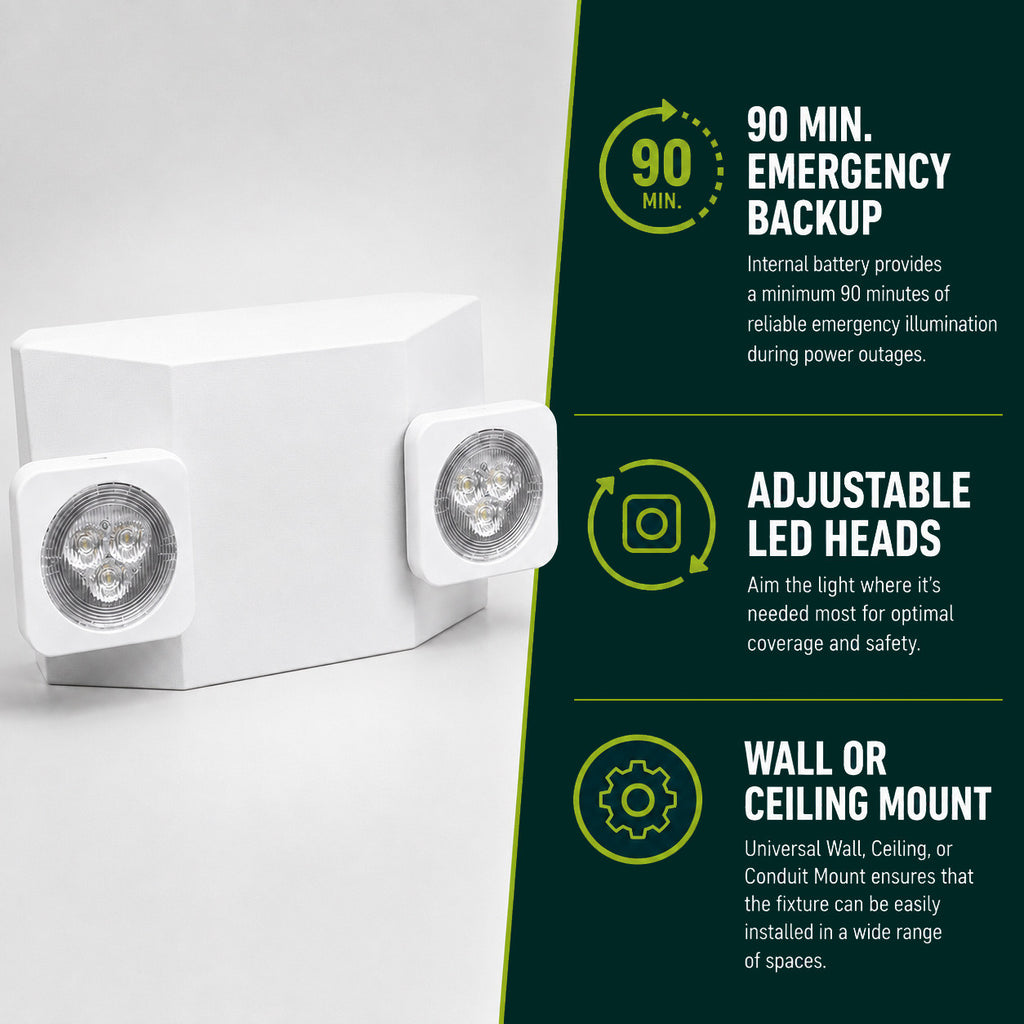 LED R16 Emergency Lights - Contemporary Safety Lights With 90 Minute Battery Back Up - Choose From White or Black Finish