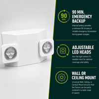 White LED Emergency Light - 1.5W LED Heads - 120-277V - Ceiling or Wall Mount