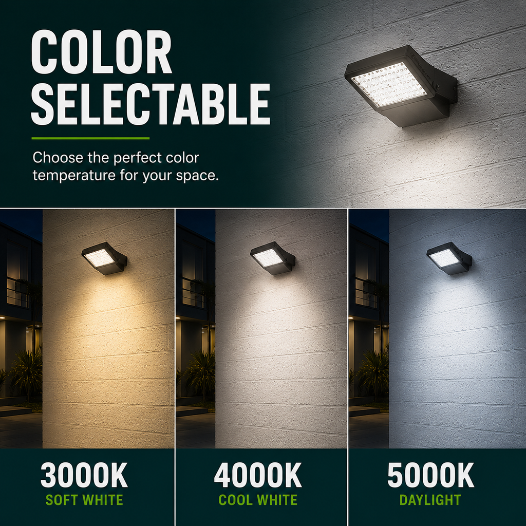 LED Uplight Adjustable Wallpack - Multi Watt Selectable 20W/30W/40W - Color Selectable 30K/40K/50K - Built-in Photocell with Switch - Bronze Finish - 0-10V Dimmable - 120-277V