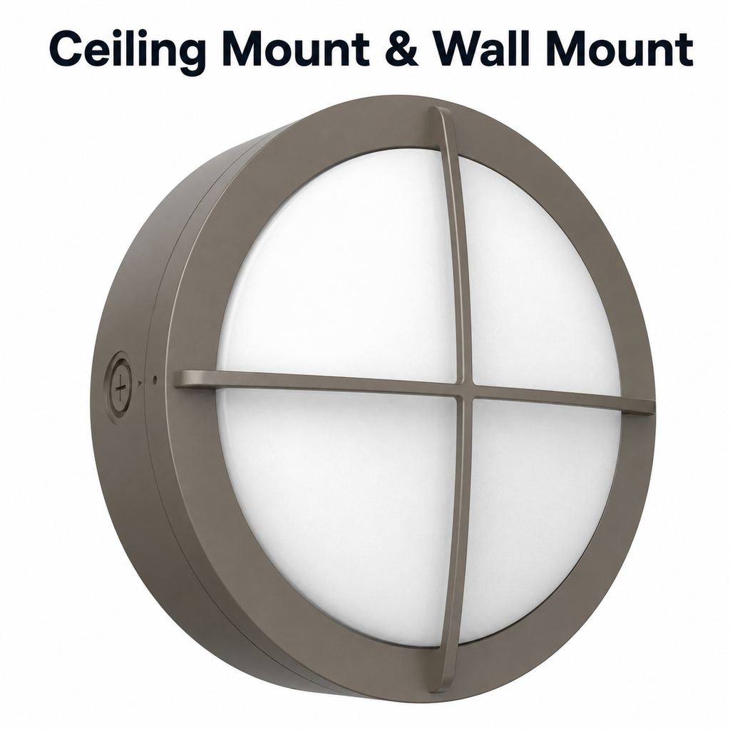 LED Round Bulk Head Light With Cross Trim - Wall or Ceiling Mount – Wet Location - Watt Selectable 60W/48W/36W - Color Selectable 30K/40K/50K - 120/277V - Bronze Finish - Integrated Photocell Included