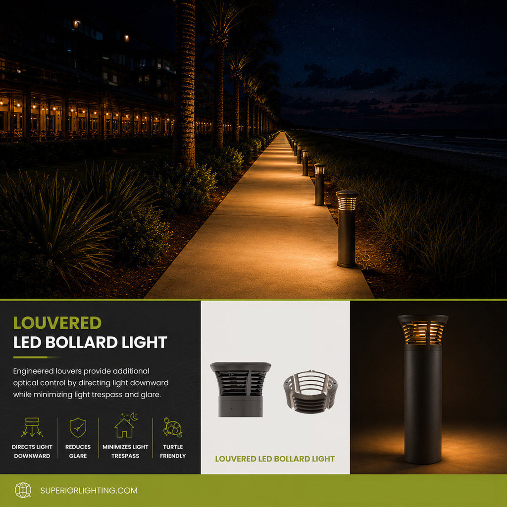 Turtle Friendly Amber LED Bollard With Louver - Flat Top - Selectable 24/15/12 Watt - 36 Inch - 120/277V - Bronze Finish