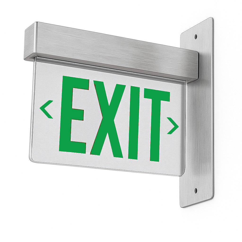 Lithonia Aluminum Edge-Lit Exit Sign, Double face, Green with mirror separator, Left and right, Dual voltage, End mount, AC Only - NO Emergency Battery