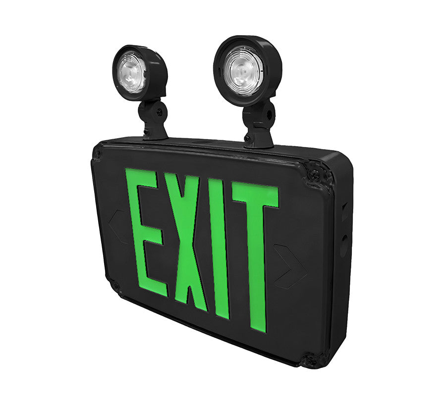 Wet Location Universal Single/Double Face Red & Green Led Exit Sign Combo Unit Black Finish