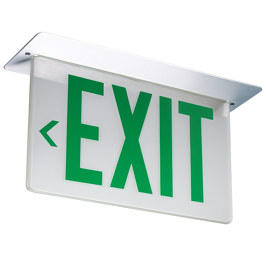 Lithonia Aluminum Edge-Lit Exit Sign, Single face, Green on clear, Left, Dual voltage, AC Only - NO Emergency Battery