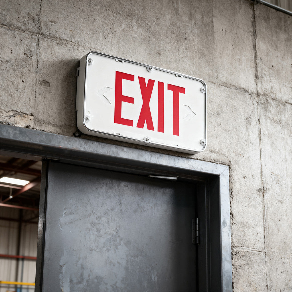 Hazardous Location LED Exit Sign & Emergency Light - Single Face - Gray Housing Color with Red Lettering - 120-277V - with 90 Minute Battery Back-Up