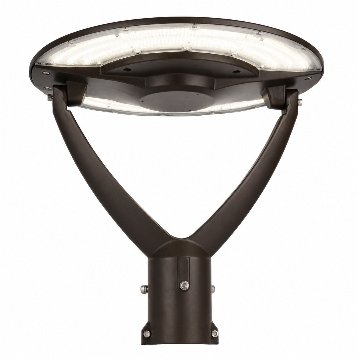 LED swivel post top light, watt and color selectable, integrated LED commercial pole light, dark bronze finish