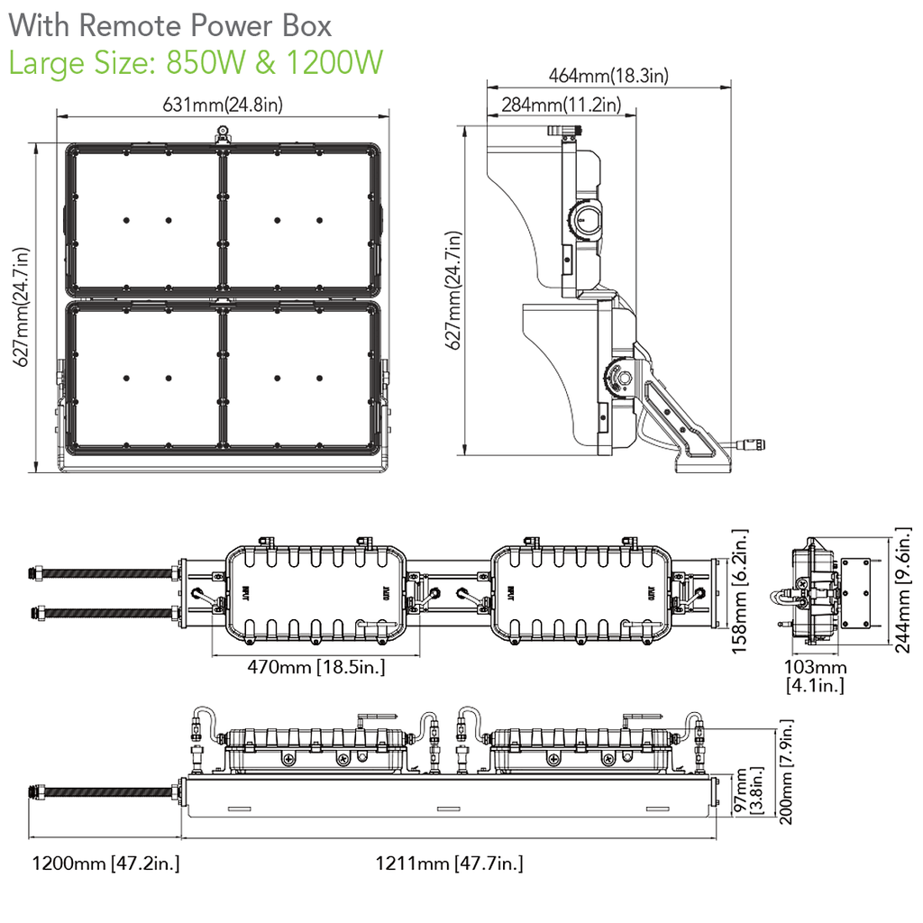 High Output LED Stadium Light - 1200W - 200-480 Volts - Color Selectable 40K/50K/57K -180000 Lumen - Yoke Mount - Black Finish