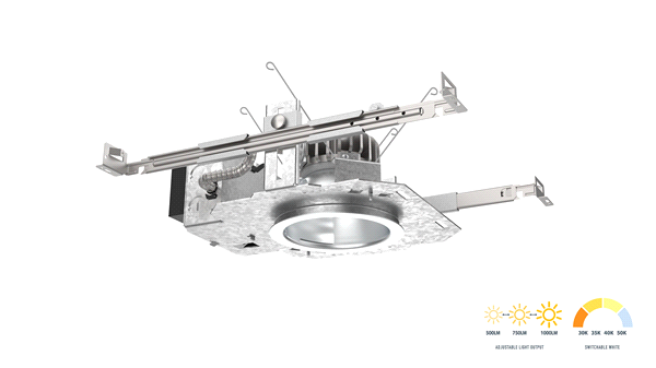 Ldn 4In  Round New Construction Housing, Switchable Lumens 2000Lm, 2500Lm, And 3000Lm, Switchable Cct 3000K, 3500K, 4000K, And 5000K, Multi-Volt, Universal Dimming To 10% 0-10V