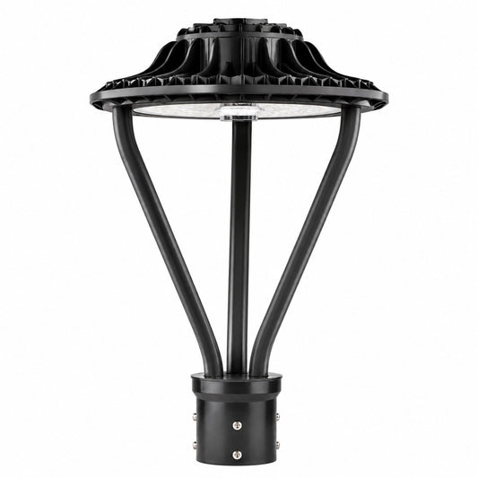 LED post top light fixture, black outdoor pathway light for campuses and parks, studio image