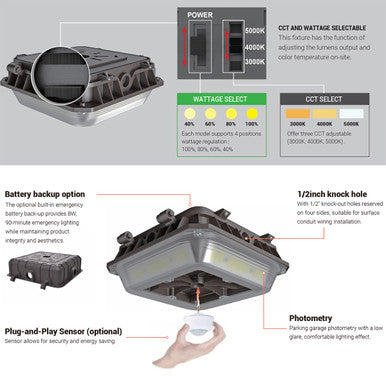 LED Wide Beam Canopy Light - Multi Watt Selectable 40/32/24/16W - 6200 Max Lumens - 120-277V - Color Temperature Selectable 30K/40K/50K - With PIR Motion Sensor - Bronze Finish