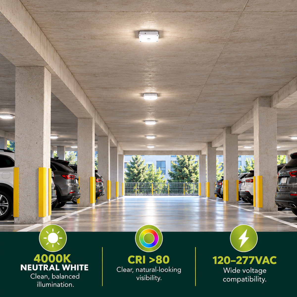 LED Square Garage Canopy Light - Watt Selectable 60W/40W/25W - Up To 7400 Lumens - Ceiling or Conduit Mount - 4000K Neutral White - 120-277V - White - With Z10 Receptacle